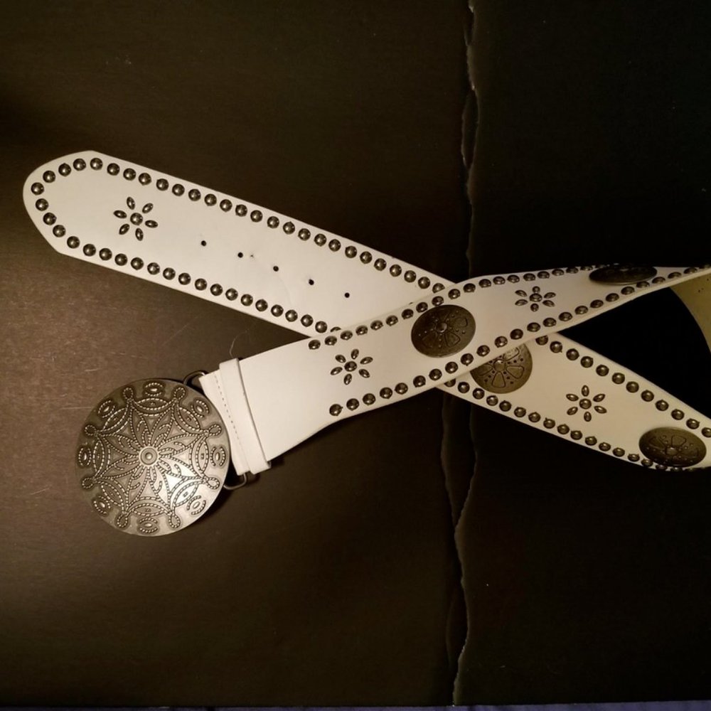 Wide White Leather Studded Belt